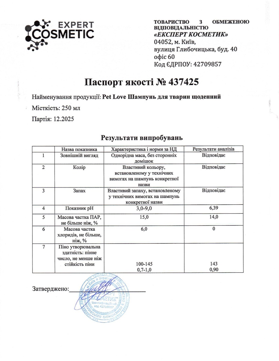 Паспорт якості — Щоденний шампунь